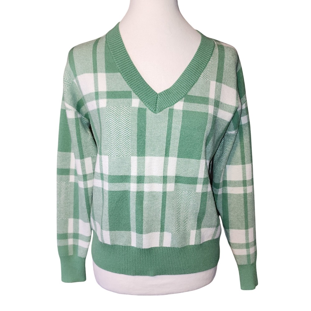 Green White Plaid V-Neck Sweater Size S Christian Siriano New York